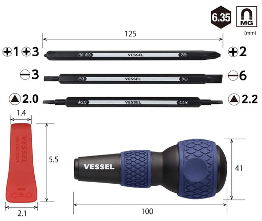 Vessel 220W-BC3B Multi-Function Screwdriver 7-in-1 Ball Grip Blue - Ideal for Home Use-Kiichin - The #1 Place for Japanese Goods in Your Hand!