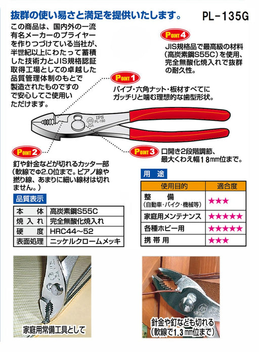Igarashi Plyer 135mm Combination Pliers with Grip Made in Japan- PL-135G-Kiichin - The #1 Place for Japanese Goods in Your Hand!