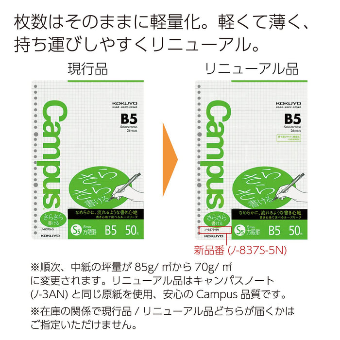 Kokuyo Campus Japan Loose-Leaf B5 5Mm Grid Ruled 50 Sheets No-837S-5N-Kiichin - The #1 Place for Japanese Goods in Your Hand!