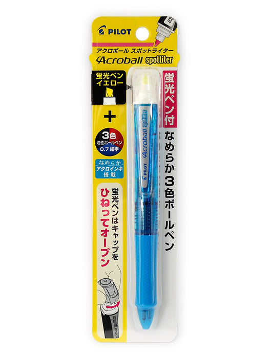 Pilot 3 Color Acro Ballpoint Pen with Yellow Highlighter Black/Red/Blue Ink Soft Blue Body-Kiichin - The #1 Place for Japanese Goods in Your Hand!