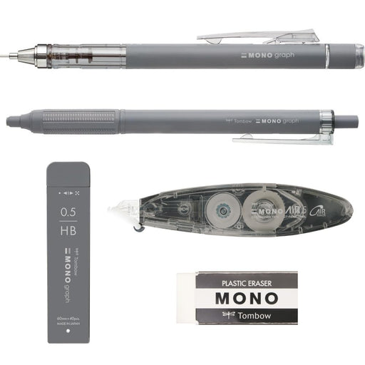 Tombow Mono Grayscale Stationery Set | Dark Gray 5-Piece Mechanical Pencil Lead Eraser Pen Correction Tape-Kiichin - The #1 Place for Japanese Goods in Your Hand!