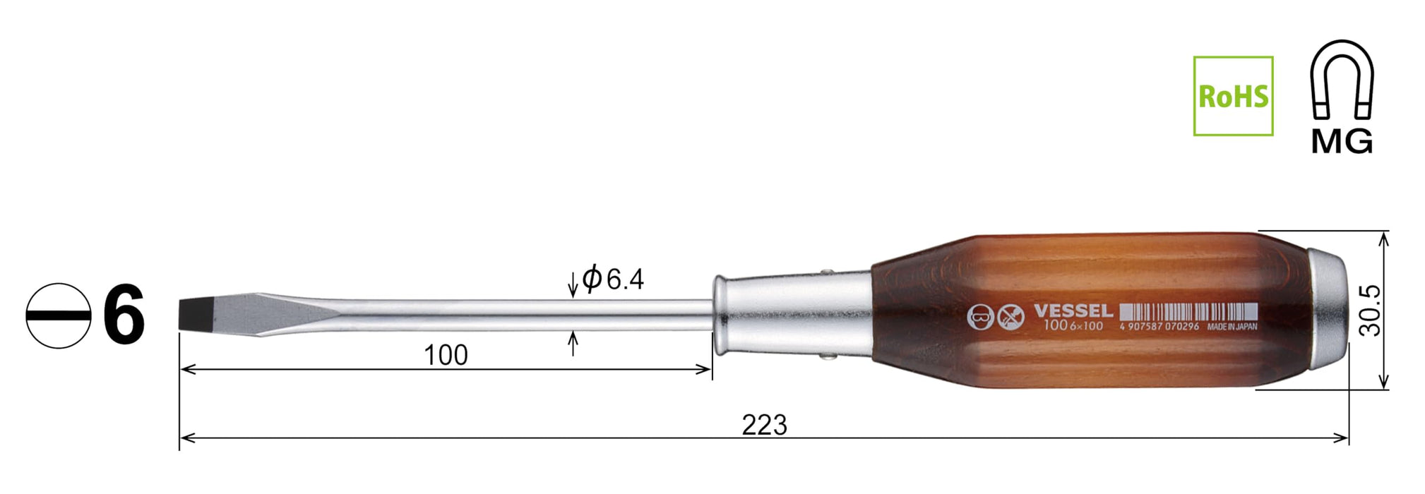 Vessel 100V Strong Driver with Wooden Handle 6x100 - Vessel's Powerful Penetrating Tool-Kiichin - The #1 Place for Japanese Goods in Your Hand!