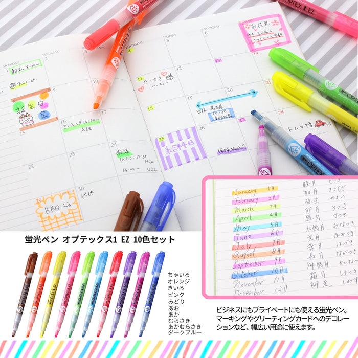 Zebra Optex 1 EZ Highlighter Set - 10 Vivid Colors Including Red Purple Blue Green and More-Kiichin - The #1 Place for Japanese Goods in Your Hand!