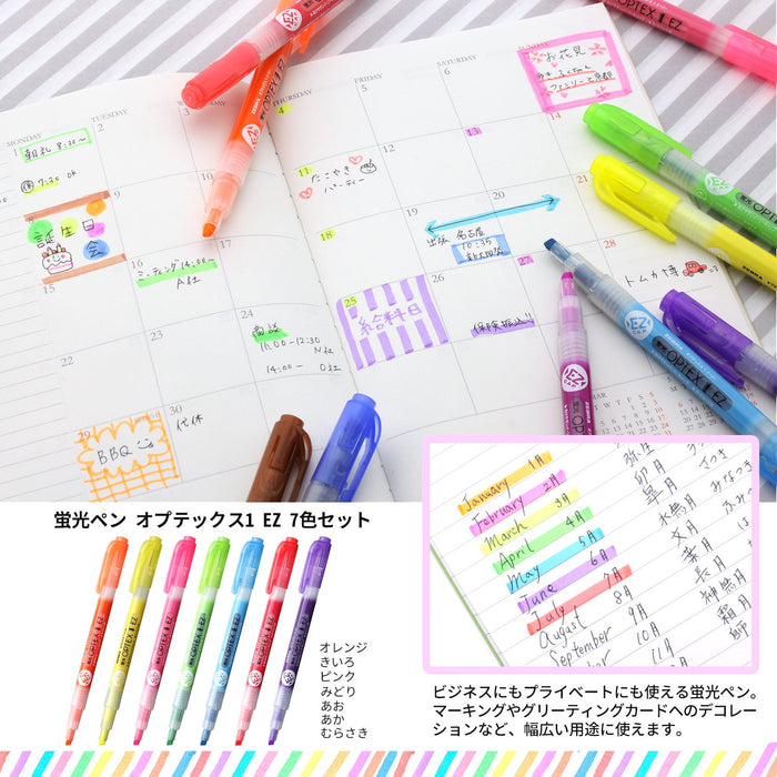 Zebra Optex 1 Ez 7-Color Highlighter Set - Red Pink Yellow Orange Green Blue Purple-Kiichin - The #1 Place for Japanese Goods in Your Hand!