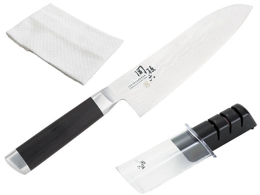 Kai Seki Magoroku Damascus Santoku 165mm AE-5200 & AP-0308 Sharpener & Dishcloth Set-Kiichin - The #1 Place for Japanese Goods in Your Hand!