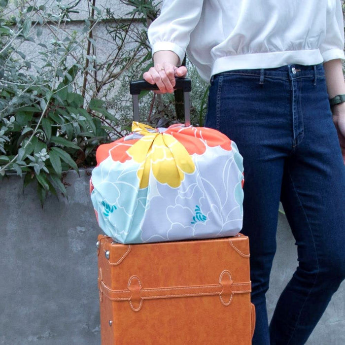 Musubi Furoshiki 100Cm - Japanese Hime Musubi Aqua Drop Adeline Klam Peony Orange - Water Repellent-Kiichin - The #1 Place for Japanese Goods in Your Hand!