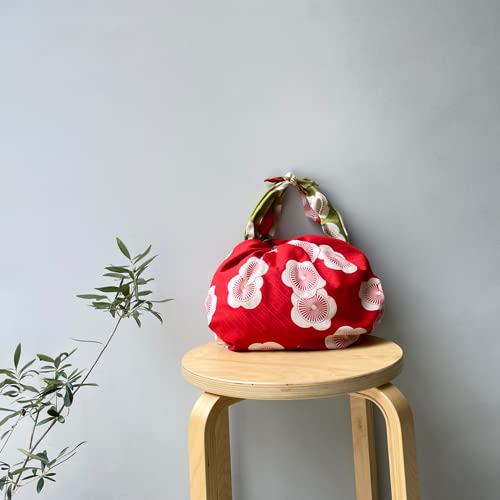 Musubi Furoshiki 3-Way Isa Pattern Plum Red Green Cotton Japan 104Cm - Premium Quality Cotton Furoshiki for Versatile Use-Kiichin - The #1 Place for Japanese Goods in Your Hand!