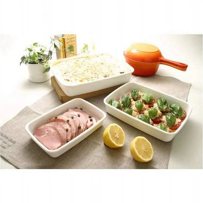 Noda Horo White Enamel Rectangle Shallow Food Containers - Large Size with Lid-Kiichin - The #1 Place for Japanese Goods in Your Hand!
