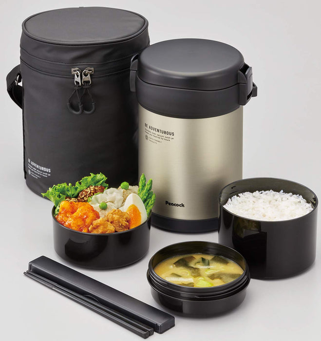 1.8L Black Stainless Steel Lunch Jar with Pouch by Peacock Thermos Industry-Kiichin - The #1 Place for Japanese Goods in Your Hand!