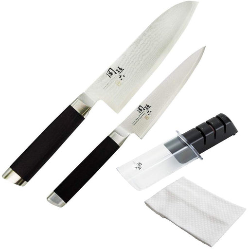 Kai Seki Magoroku Damascus Santoku Knife Set Ae-5200 Ae-5202 Ap-0308 + Petty Knife + Sharpener + Dishcloth-Kiichin - The #1 Place for Japanese Goods in Your Hand!