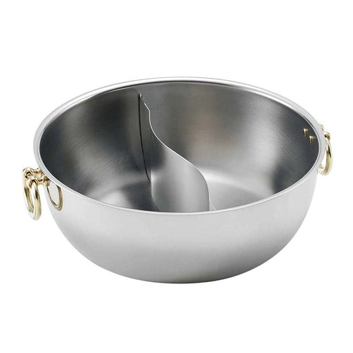 23Cm Wadasuke Factory Japan Stainless Steel Induction Shabu Shabu Hot Pot with Divider - Brass Handle (No Lid)-Kiichin - The #1 Place for Japanese Goods in Your Hand!