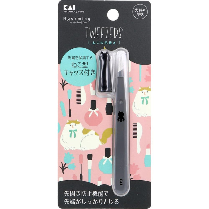 Kai Corporation Cat Tweezers Angled Tip Silver with Cap Made in Japan