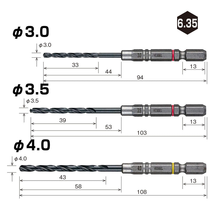 Vessel Cushion Drill Ironwork Drill Bit Set of 3 - 3.0 3.5 4.0mm AMD3S-2-Kiichin - The #1 Place for Japanese Goods in Your Hand!