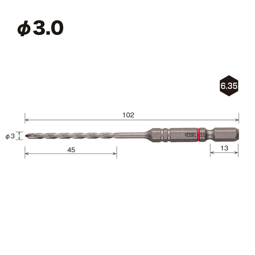 Vessel Porcelain Tile Drill Bit 3.0mm - Vessel APD-3.0 Efficient Drilling-Kiichin - The #1 Place for Japanese Goods in Your Hand!
