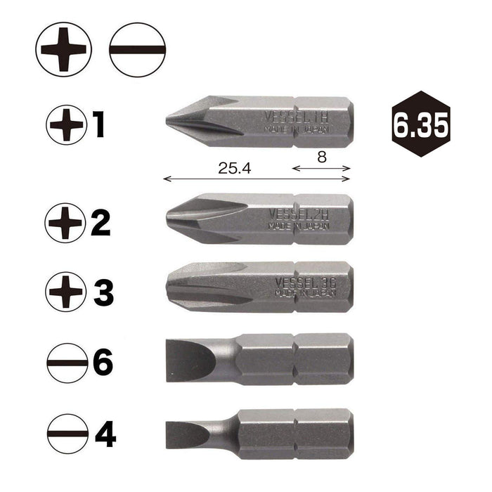 Vessel Driver Bit Set B33 with +1 +2 +3 -4 -6 Sizes and Holder-Kiichin - The #1 Place for Japanese Goods in Your Hand!