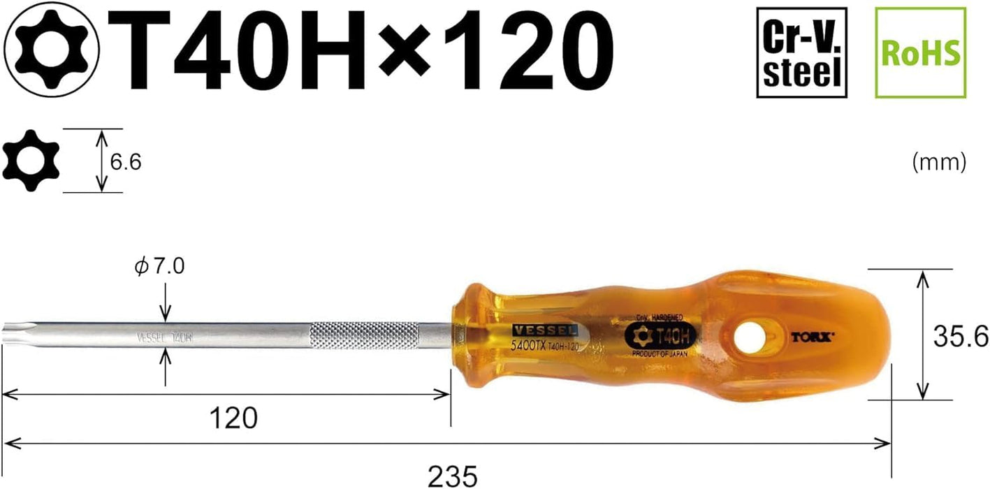 Vessel Power Grip T40H Tamper-Proof Torx Screwdriver 120mm B-5400Tx-Kiichin - The #1 Place for Japanese Goods in Your Hand!