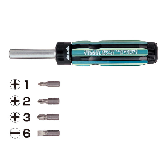 Vessel 830-Mg4 Replaceable Ratchet Driver Set with +1 +2 +3 -6 Features-Kiichin - The #1 Place for Japanese Goods in Your Hand!